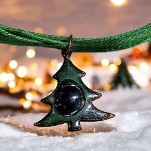 Vintage Enamel Copper Pine Spruce Christmas Tree Blue Green Abstract Pendant